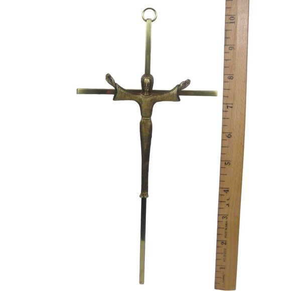 Vintage Bronze Metal Thin Crucifix Robed Jesus Wall Decor Hanging Brass 10 inch - Picture 2 of 14